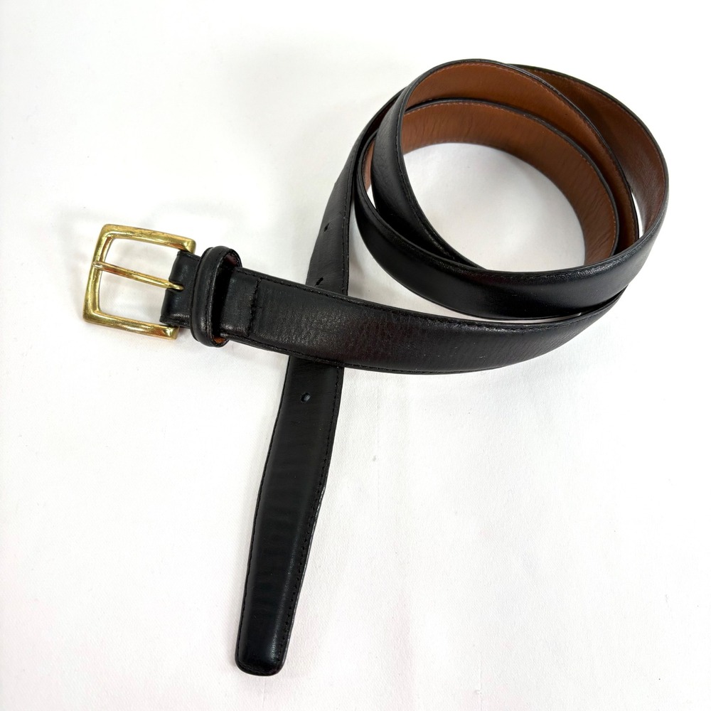 Lands End Belt Black Leather Solid Brass Buckle USA Made 50 41113